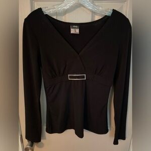 Vanity vintage fitted empire waist top with silver buckle-like embellishment.​